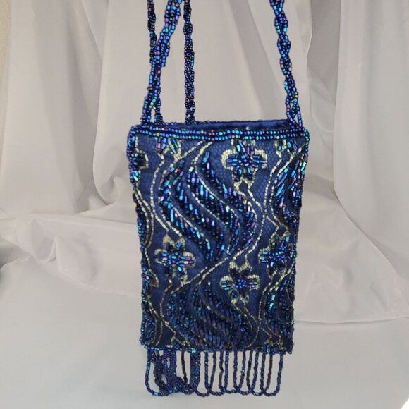 Vintage Blue Beaded Evening Bag With Fringe & Strap - Picture 6 of 12